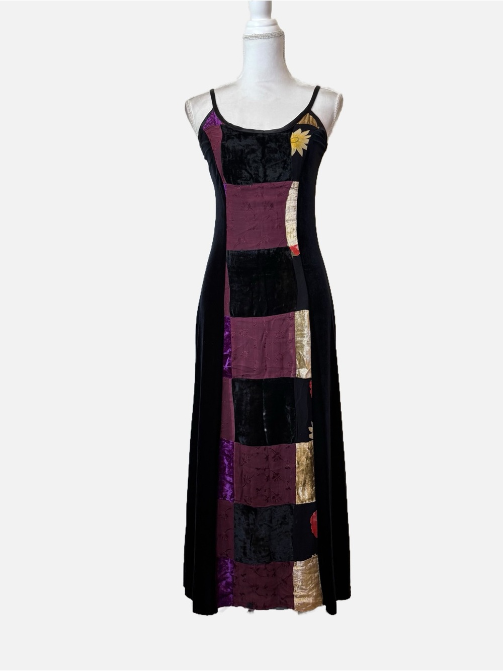 PG Collections Ginger Bort Black Velvet Patchwork Maxi Dress Vintage Size 8
